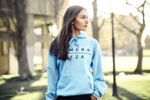 womens blue hoodie with black komera neza print logo