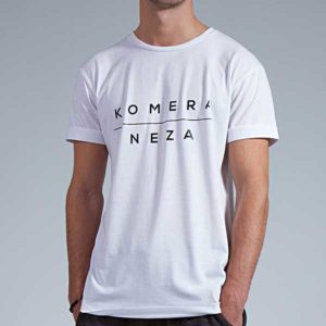 mens white t-shirt with black komerafit print logo