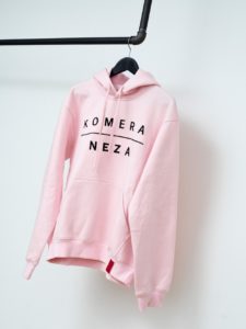 pink hoodie with black komera neza print logo