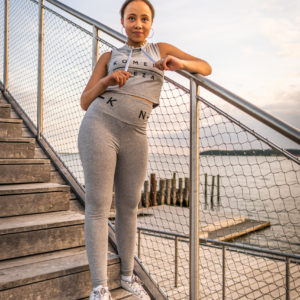 womens grey yoga set with black komera neza print logo