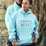 unisex blue hoodie with black komera neza print logo