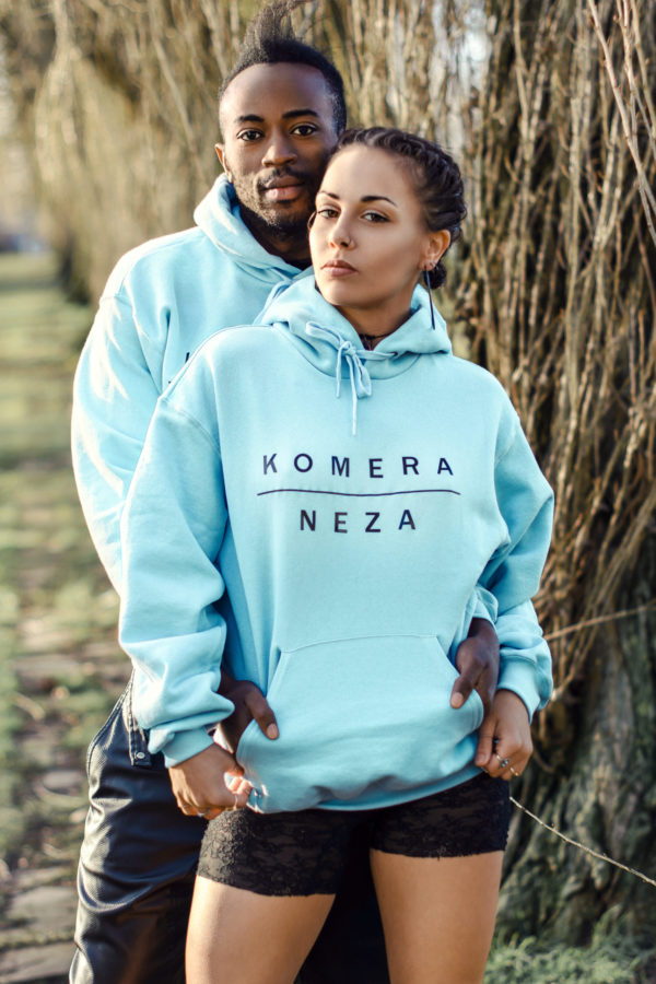 unisex blue hoodie with black komera neza print logo