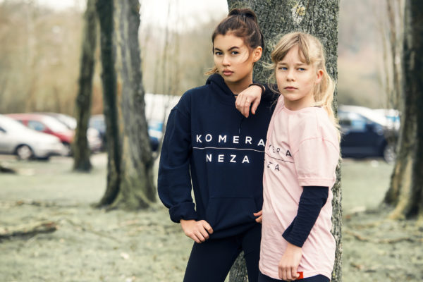 kids black hoodie with white komera neza print logo
