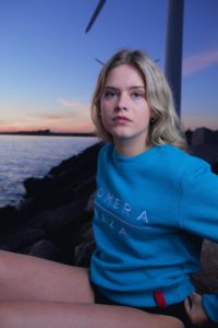 women's blue logo sweatshirt with embroidered komera neza logo