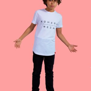 kid wearing white t-shirt with black komera neza print logo