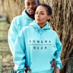 two models wearing baby blue hoodie with black komera neza print logo