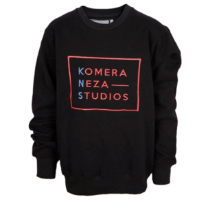 black sweatshirt with embroidered komera neza studios logo