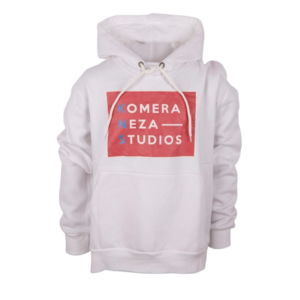 white hoodie with komera neza studios print logo