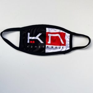 black and white face mask with KOMERA NEZA logo
