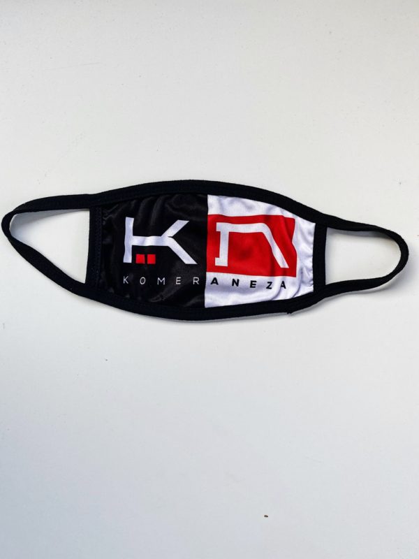 black and white face mask with KOMERA NEZA logo