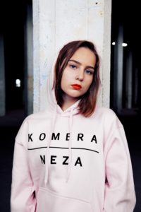 womens pink logo hoodie with black komera neza print logo