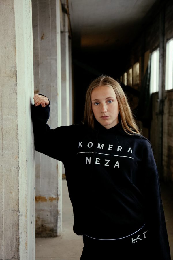 womens black logo hoodie with white komera neza print logo